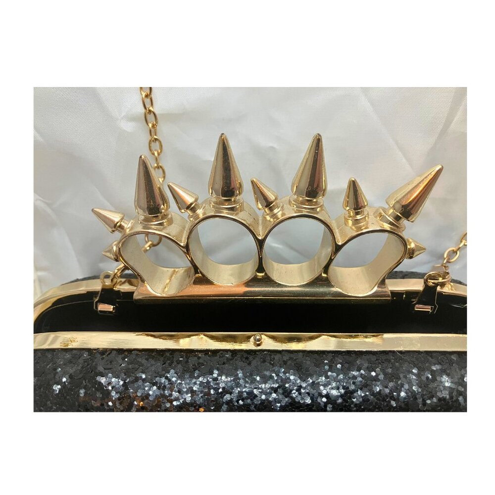 Glitter Knuckle Clutch - black with gold spikes + removable crossbody chain - Picture 6 of 6